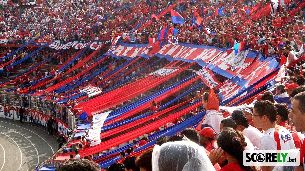 Hinchada del Independiente Medellín con banderas rojas y azules en el estadio (foto de archivo)