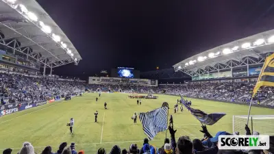 Subaru Park soccer stadium with fans in the stands at night (file photo)